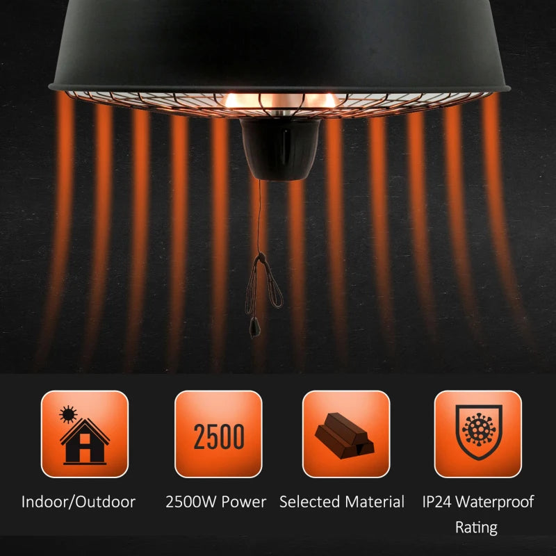 Adjustable 1000/2500W Infrared Halogen Electric Patio Heater - Ceiling Mount, Black - Outdoor Heating Solution
