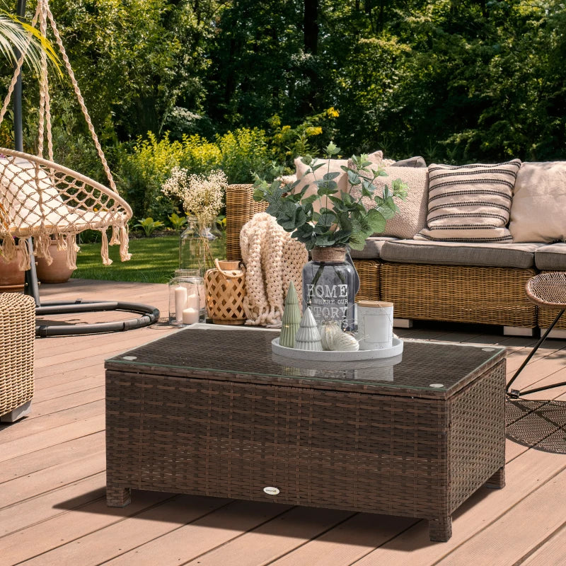 Brown Rattan Garden Coffee Table with Glass Top