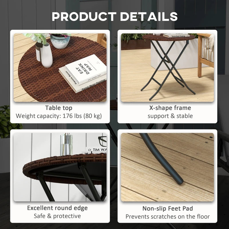 Foldable Rattan Outdoor Coffee Table - Metal Frame, Round Side Table, Mixed Brown