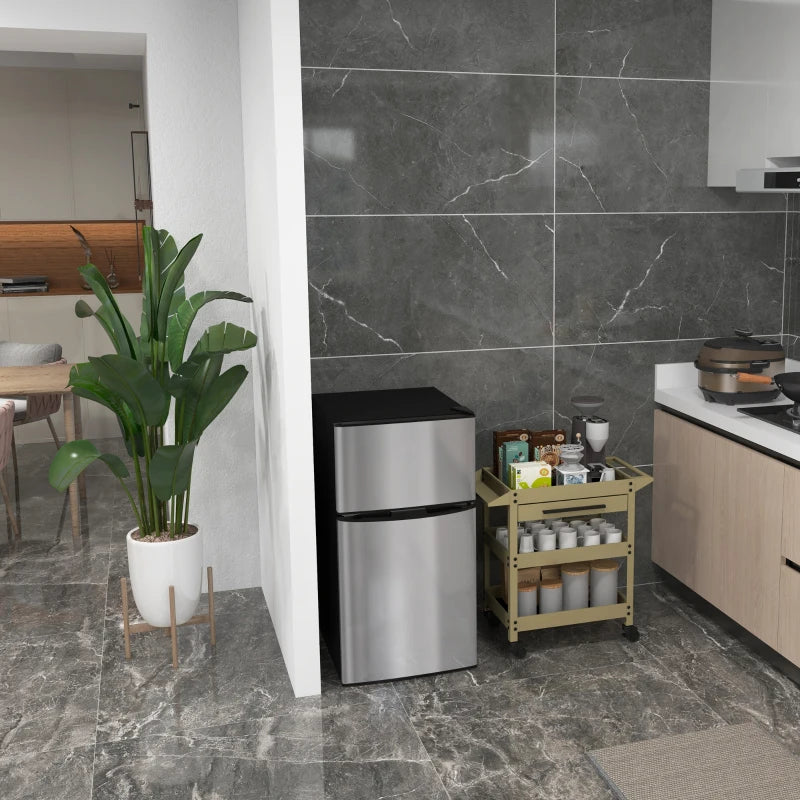 88L Under Counter Fridge Freezer - Compact Refrigerator with 5 Settings, 3 Star Freezer Rating, Stylish Black & Silver