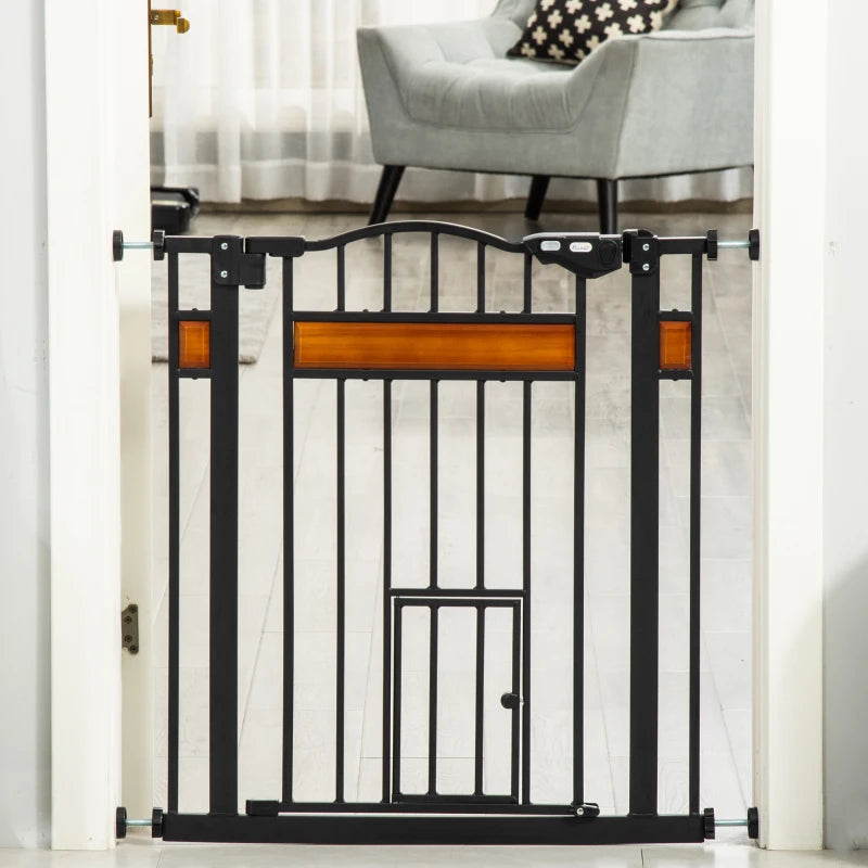 Pet Safety Gate with Cat Flap, Auto Close, 74-80cm Wide for Staircases, Doorways & Hallways - Black