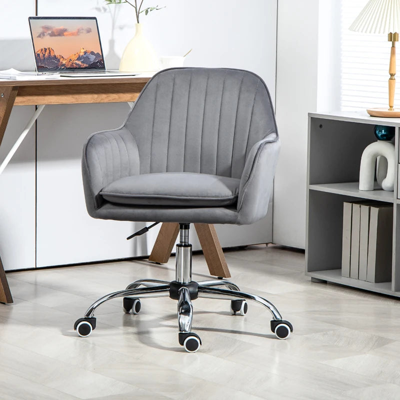 Stylish Grey Velvet Swivel Office Chair with Adjustable Height & Rolling Wheels - Perfect for Home, Work, or Study