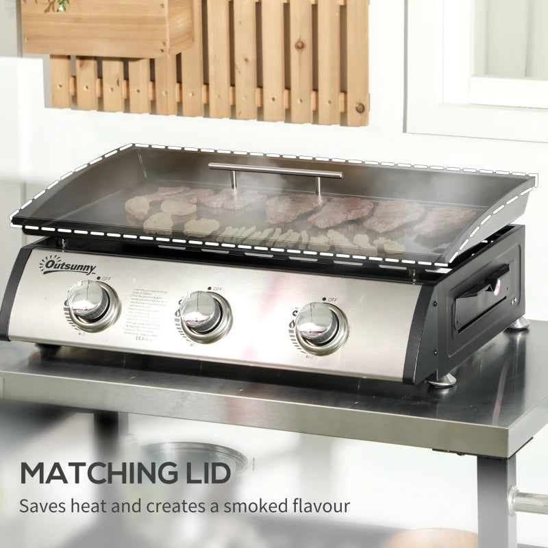Black 3-Burner Gas Plancha BBQ Grill with Lid