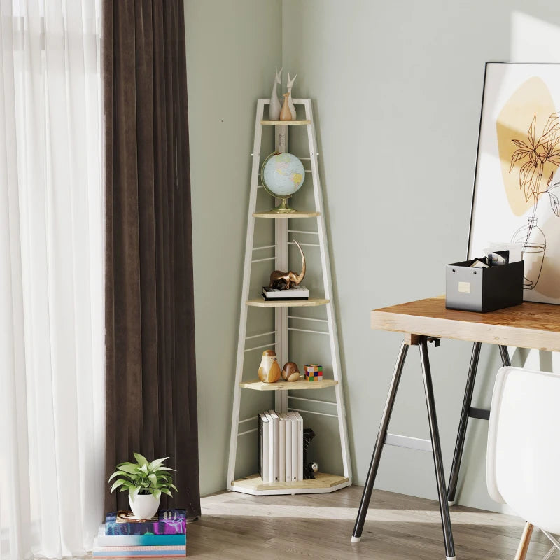Stylish Five-Tier Corner Shelf - White and Wood-Effect Storage Solution for Home Decor and Organization