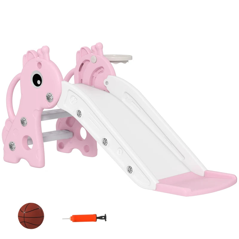 Giraffe Shape 3 in 1 Kids Slide Climber with Basketball Hoop for Indoor Play Age 1-3 Pink