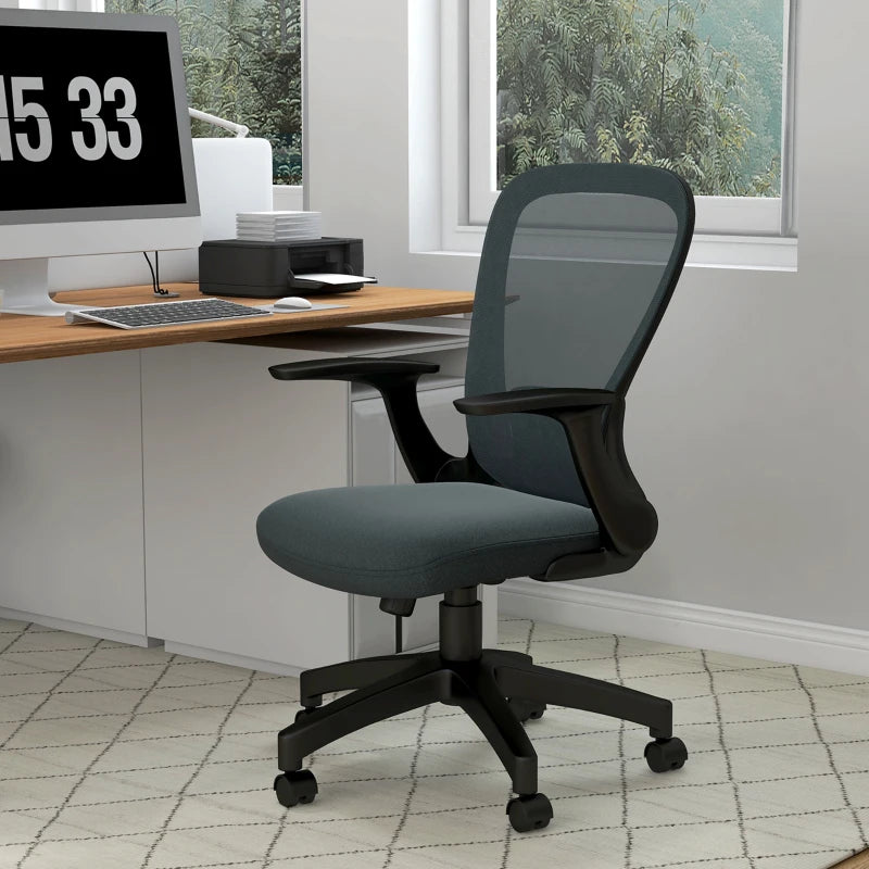 Vinsetto Ergonomic Mesh Office Chair with Flip-Up Armrests, Lumbar Support & Swivel Wheels - Stylish Grey Desk Chair