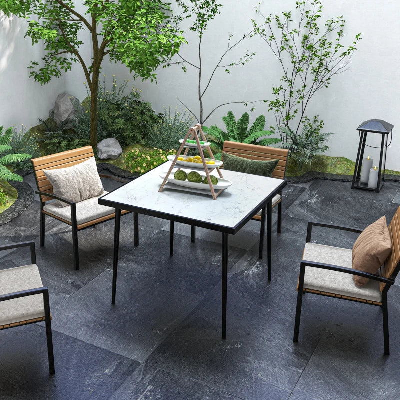 White Square Outdoor Dining Table for 4 with Marble Glass Top