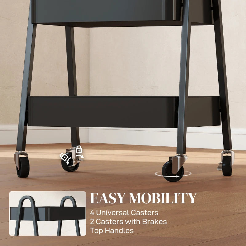 Versatile Three-Tier Black Storage Trolley - Stylish Organizer Cart for Home, Office, Kitchen & Bathroom