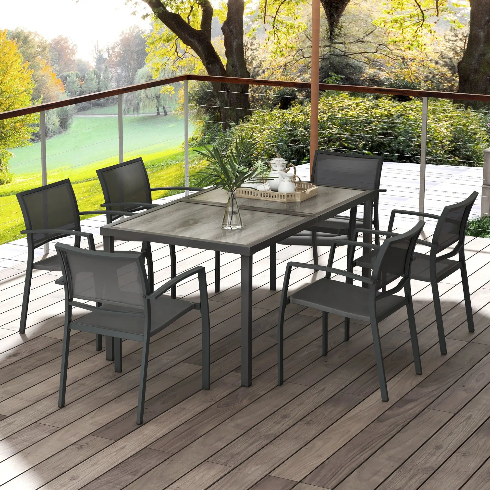 Seven-Piece Casual Outdoor Dining Set With Wood-Effect Table - Grey