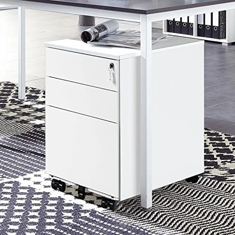 Lockable Mobile File Cabinet - 3 Drawer Steel Pedestal on 5 Casters, Secure Storage with Keys, 39x52x60 cm, White