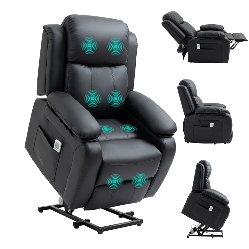 Electric Recliner Chair with Massage Function, Power Lift for Elderly, Remote Control, Extended Footrest, Dual Side Pockets, Overstuffed Design, Black