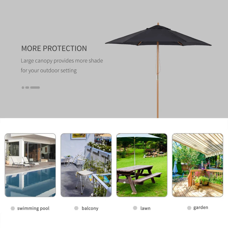 Black 2.5m Wooden Garden Parasol Sun Shade