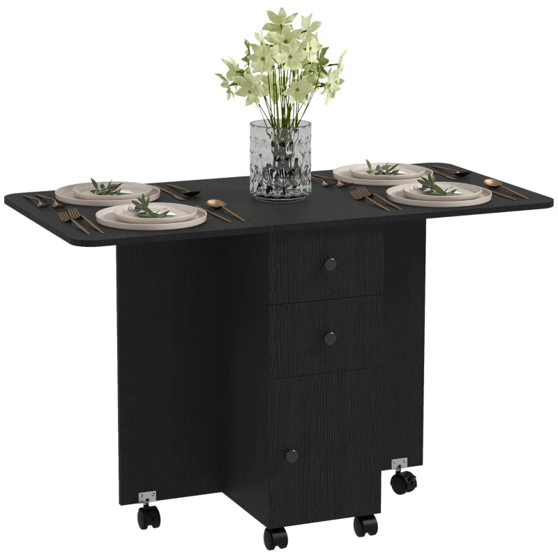 Multi-Storage Six-Person Drop Leaf Dining Table in Distressed Black Finish