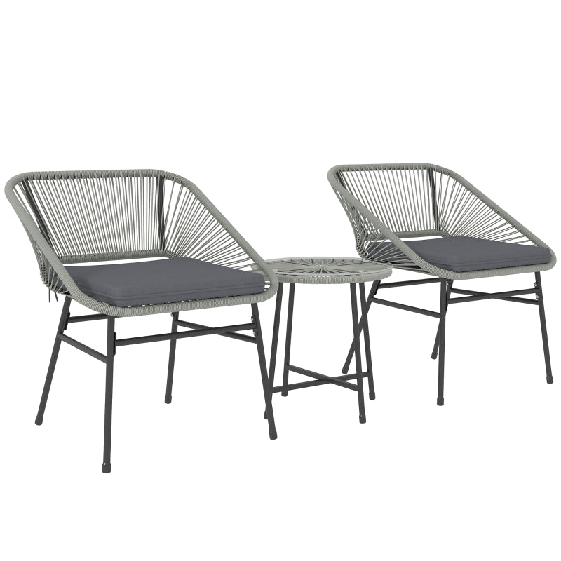 3-Piece Light Grey Rattan Bistro Set - Wicker Garden Table and Chairs with Cushions and Glass Top for Outdoor, Patio, Balcony