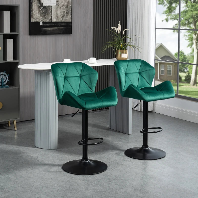 Set of 2 Velvet Bar Stools with Metal Frame Footrest, Adjustable Height, Stylish Green Color for Kitchen or Home Bar