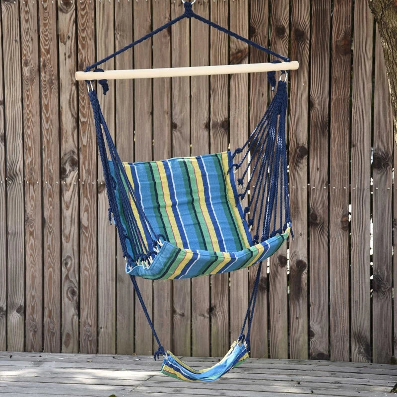 Blue Striped Outdoor Hanging Hammock Swing Chair with Footrest