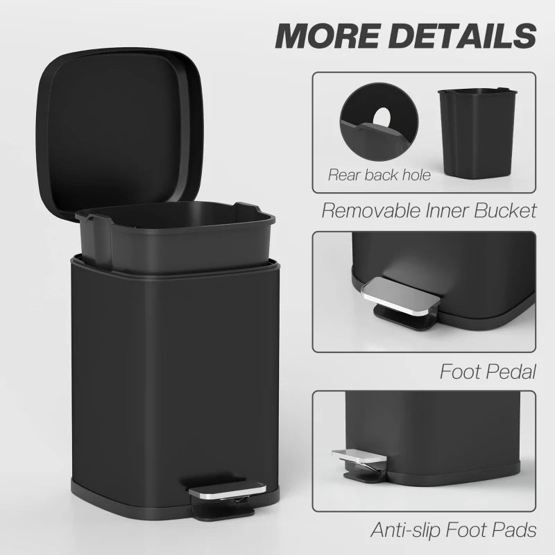 12L Modern Boxy Black Metal Kitchen Bin - Stylish Trash Can for Home Organization and Waste Management