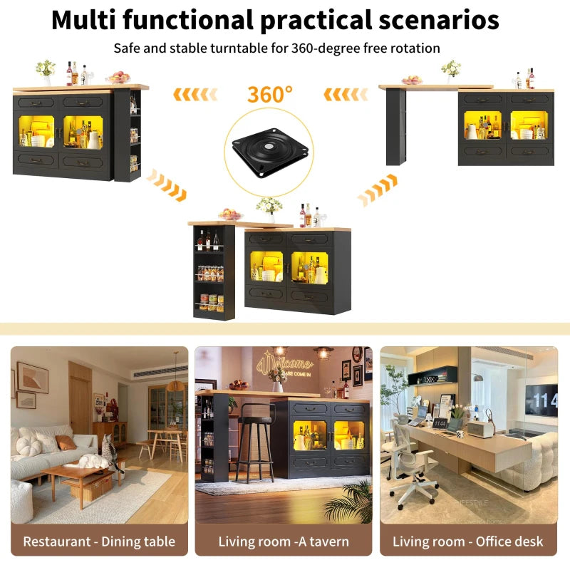360° Rotating Bar Table with Spice Rack & Extendable Kitchen Island - 4 Drawers, Black, 135-203L x 39W x 93H cm