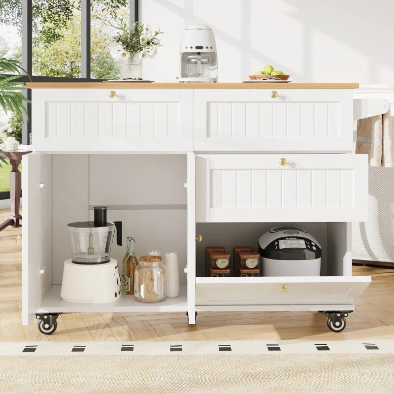 Rolling Mobile Kitchen Island Cart with Drawer & Storage, Drop Leaf, Multi-Functional Design, 133L x 70W x 88H cm, White
