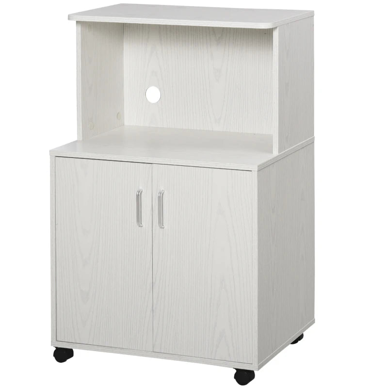 Modern Kitchen Storage Unit - Microwave Stand Trolley Cart with Locking Wheels, Sideboard & Shelf for Living Room/Dining Room - White