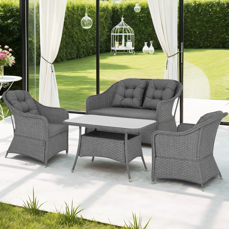 4-Piece Light Grey Rattan Patio Furniture Set with Glass-Top Table
