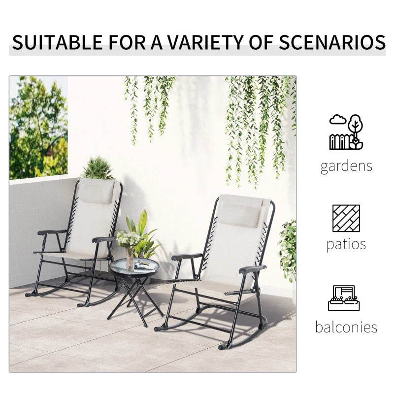 Beige 3-Piece Folding Rocking Chair Set with Glass Table - Outdoor Patio Bistro Set