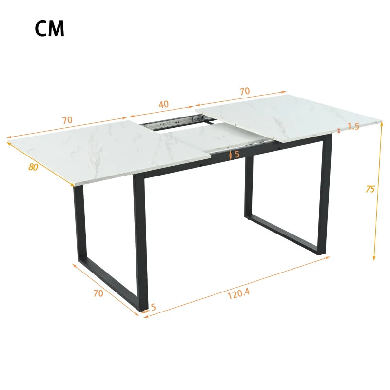 Telescopic Oblong Dining Table - Extendable MDF Marble Top with Iron Legs, 180x80x75 cm, Modern White Design for Dining Room