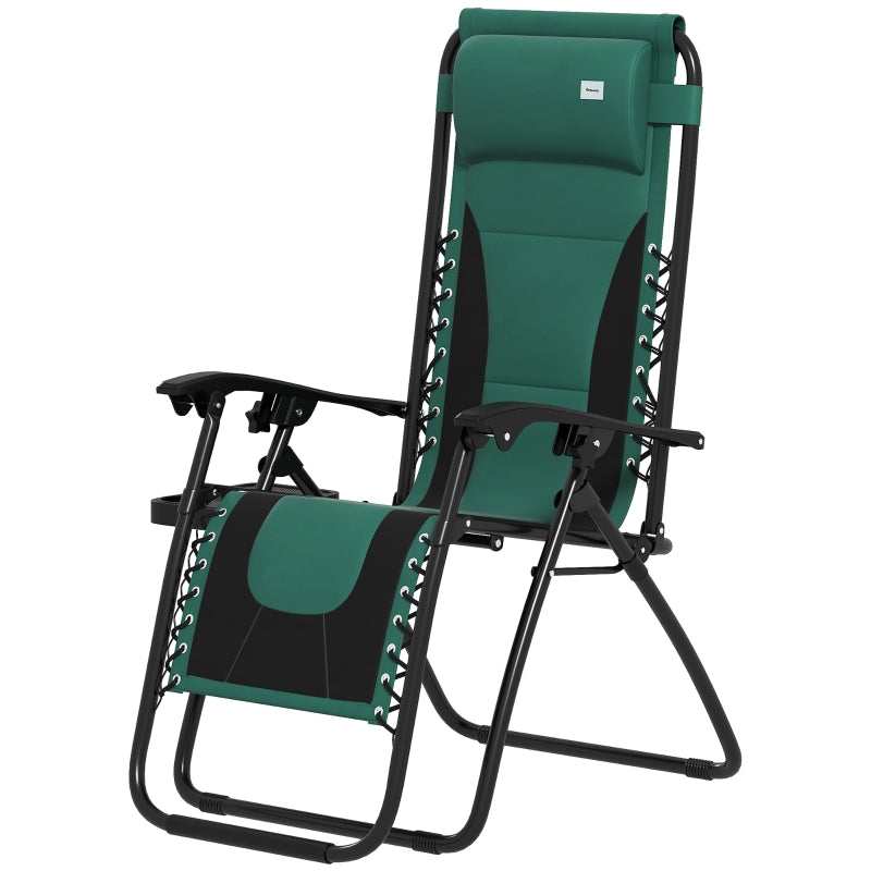 Zero Gravity Lounger Chair - Folding Reclining Patio Chair with Padded Seat, Cup Holder, Soft Cushion and Headrest - Green - Ideal for Poolside and Camping