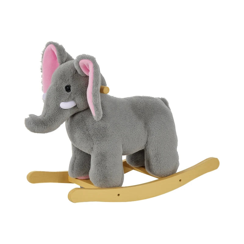 Kids Grey Elephant Rocking Horse Plush Ride-On Animal - Traditional Wooden Rocker with 32 Nursery Rhymes - Perfect Gift!
