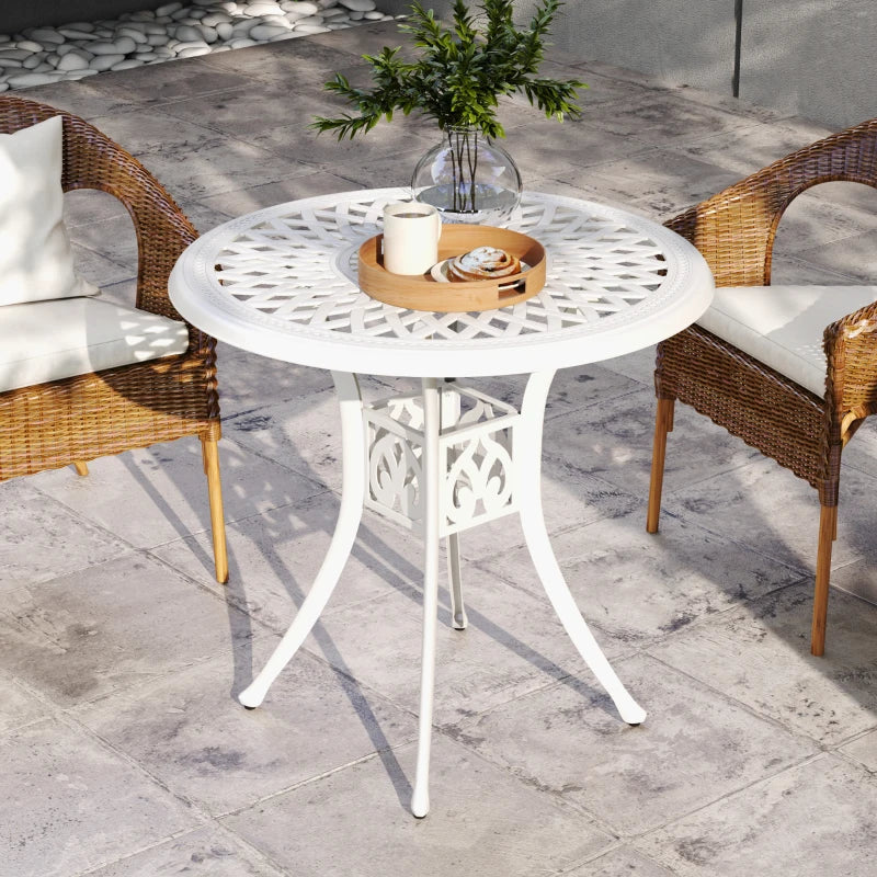 78 cm White Round Garden Dining Table with Parasol Hole - Antique Cast Aluminium Outdoor Table