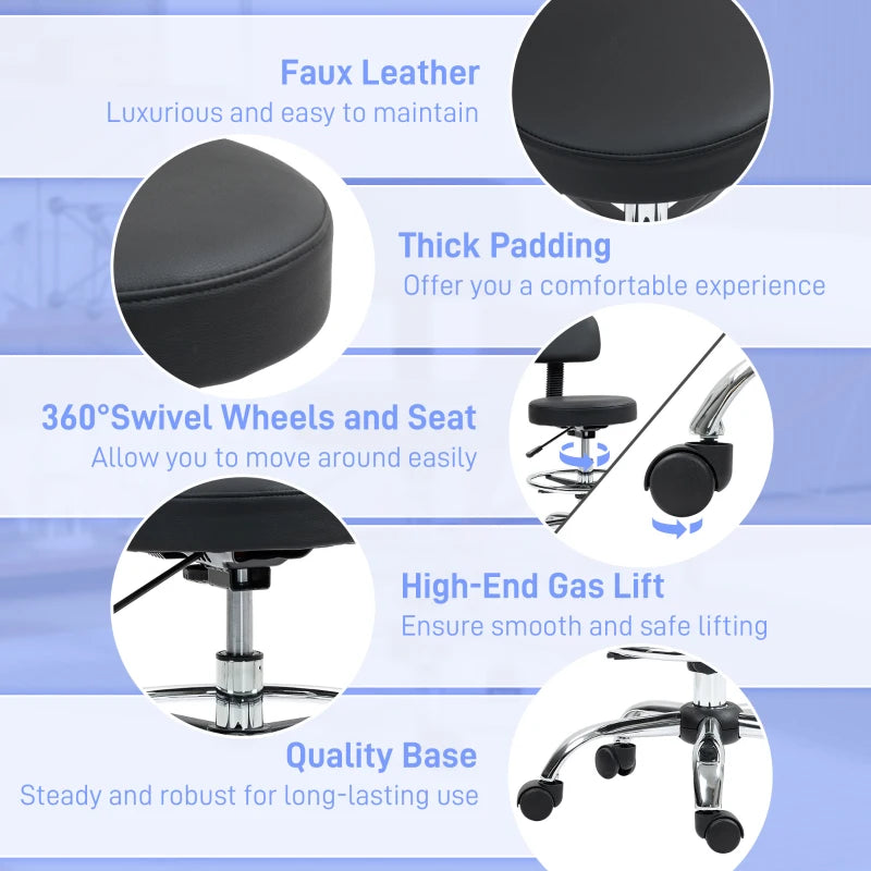 Ergonomic Drafting Chair with Backrest & Adjustable Footrest - Leather Padded Rolling Office Stool for Home & Office, Black