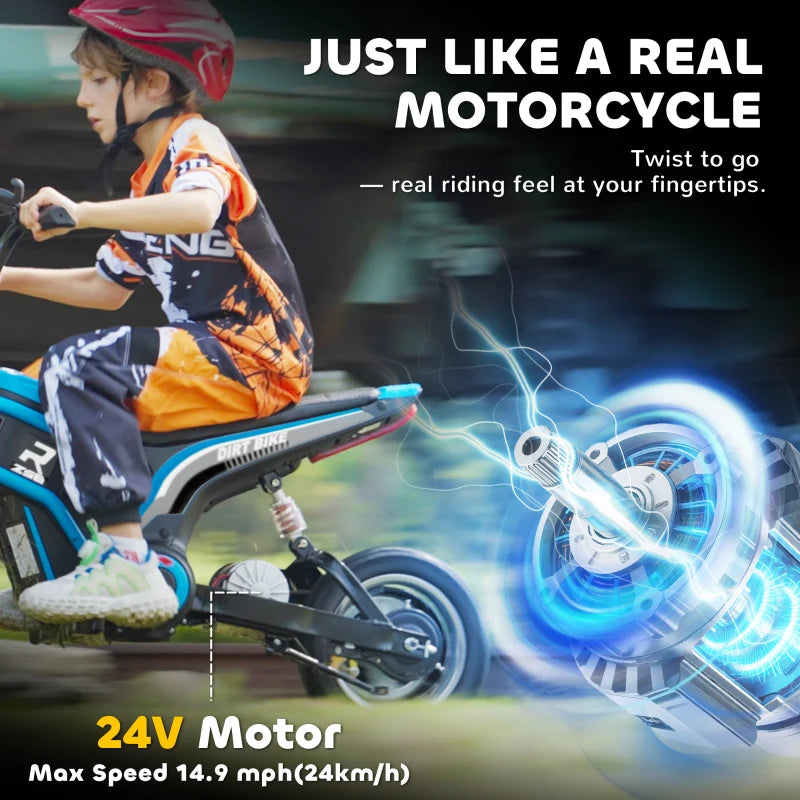 24V Electric Motorbike for Kids with Twist Grip Throttle Music Horn 12 Inch Tyres Blue