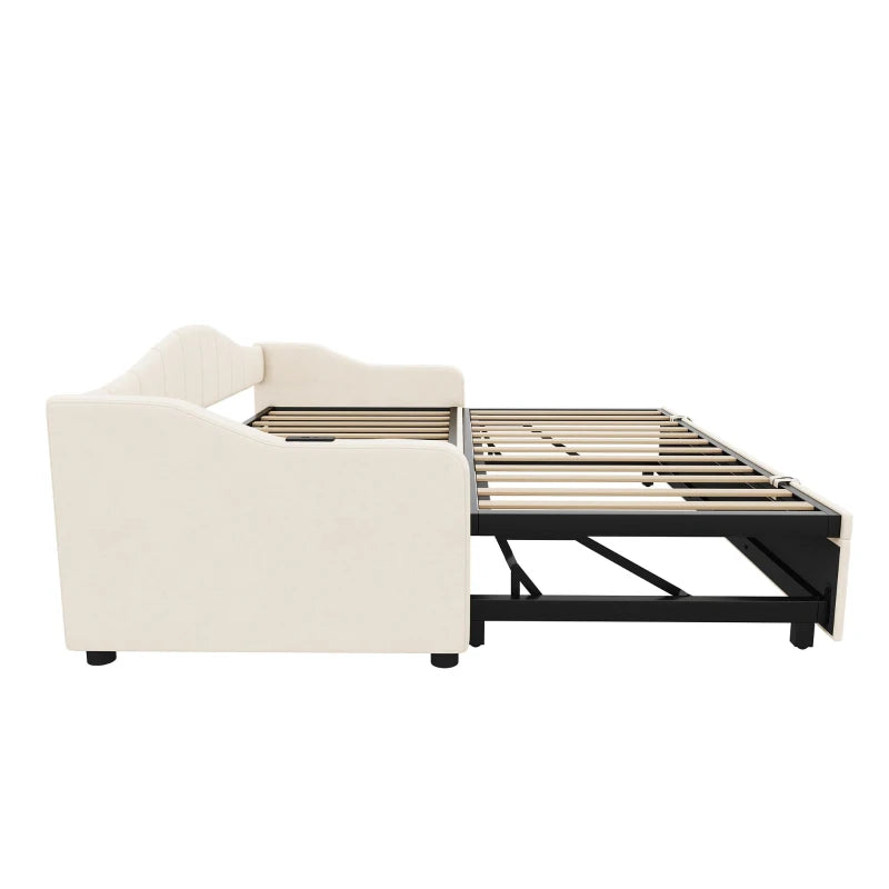 Beige Velvet Upholstered Daybed with USB & Type-C Ports, Convertible Sofa Bed & Pull-Out Trundle, 202x193x78 cm