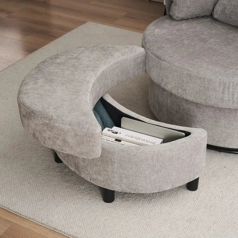 Stylish Grey Chenille Swivel Armchair with 3 Back Cushions and Crescent Ottoman Stool, 360° Rotation, 107L x 105W x 82H cm
