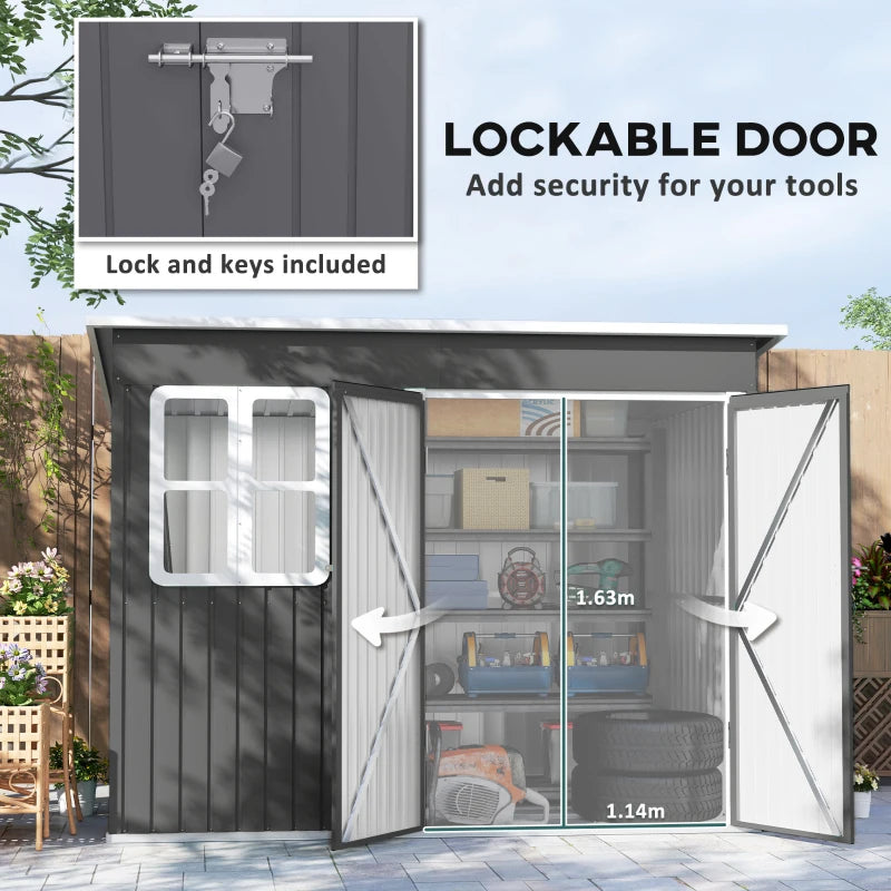 8.5 x 6ft Dark Grey Galvanised Steel Storage Shed - Metal Garden Shed with Foundation Kit, Window, Lockable Wide Doors & Air Vents for Outdoor Patio