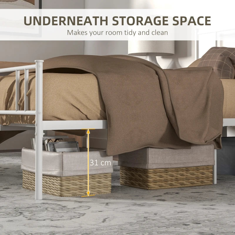 Double Metal Bed Frame with Headboard & Footboard - Solid Slat Support, Underbed Storage, Stylish White Bedroom Furniture