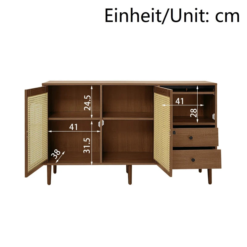 Country-Style Rattan Door Sideboard with Adjustable Shelves - Natural Wood Cabinet for Living Room & Hallway, 130x40x75.5 cm