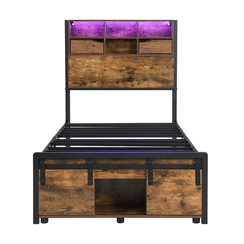 Modern Metal Single Bed with LED Lights & USB Charging Ports, Sturdy Iron Slats, Black & Natural, 209x90.5x114.5 cm