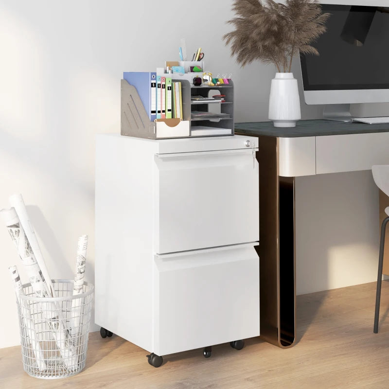 Vinsetto 2-Drawer Mobile Filing Cabinet - Lockable Steel File Storage for Letter, A4 & Legal Size - Pre-Assembled White