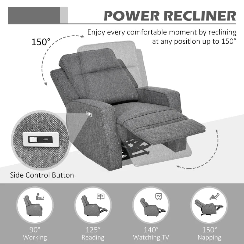 Electric Reclining Chair with USB Port and Footrest in Charcoal Grey - 150° Comfort Design