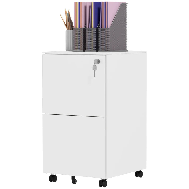 Vinsetto 2-Drawer Vertical Filing Cabinet with Lock & Wheels - Mobile Steel File Cabinet for A4, Legal, Letter Size - White