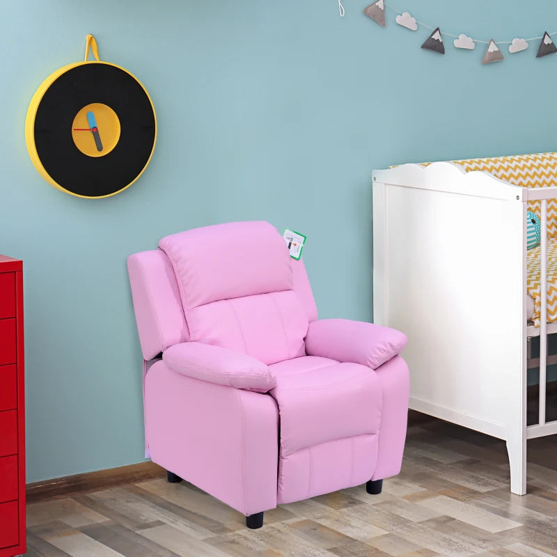 Kids Pink Sofa Armchair Recliner - PU Leather Toddler Lounger with Storage for Games & Playtime