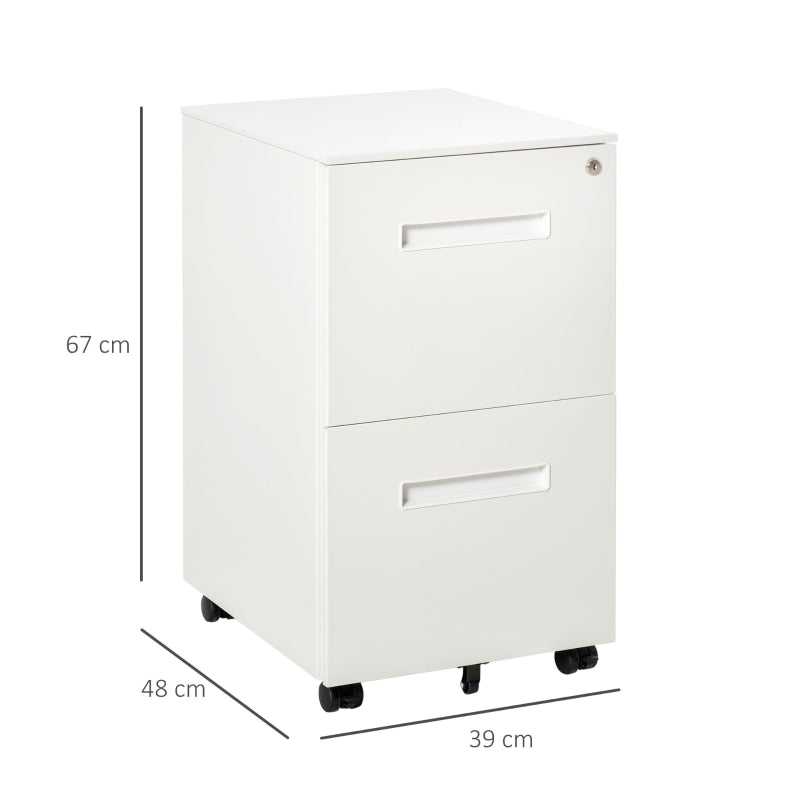 Vinsetto Lockable Metal Mobile File Cabinet with Wheels - 2 Drawer Compact Under Desk Storage for A4 & Legal Files, White