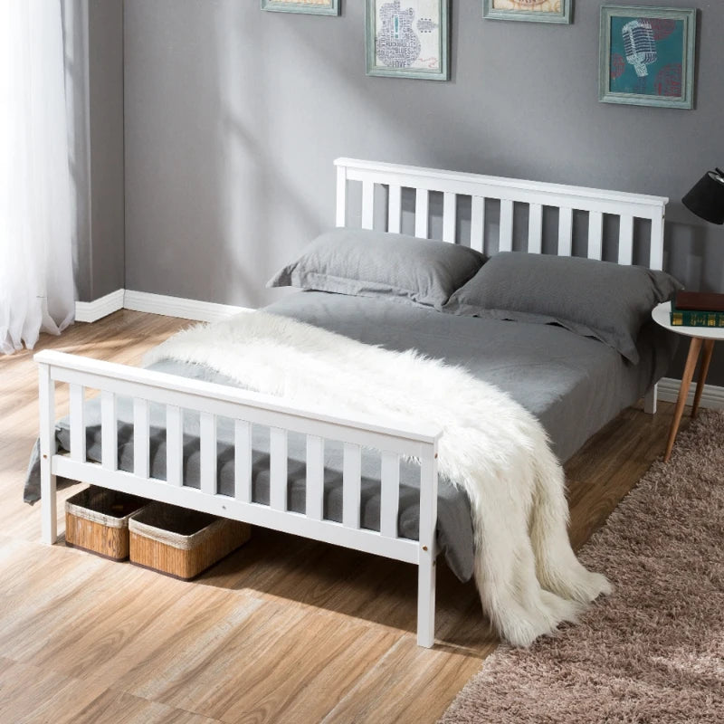 Double Wooden Bed Frame 4ft6 - Eco-Friendly Pine Wood, No Box Spring Needed, Stylish Bedroom Furniture, 198x141x82 cm, White