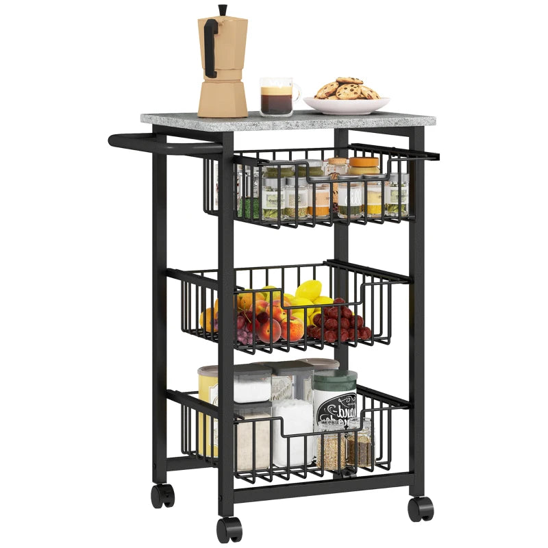 Three Basket Mobile Kitchen Island with Brakes - Stylish Grey/Black Storage Solution for Home Cooking and Dining