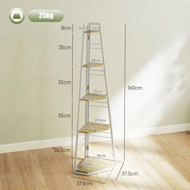 Stylish Five-Tier Corner Shelf - White and Wood-Effect Storage Solution for Home Decor and Organization