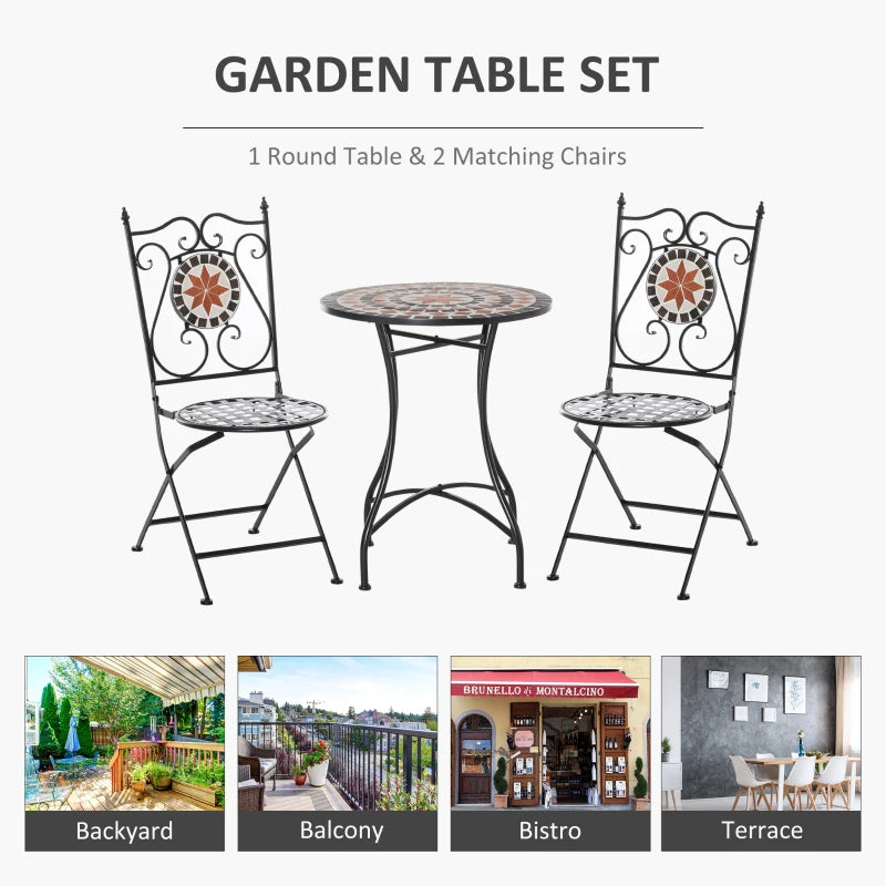 Three-Piece Multicoloured Mosaic Bistro Table Set - Perfect for Outdoor Dining, Compact Size