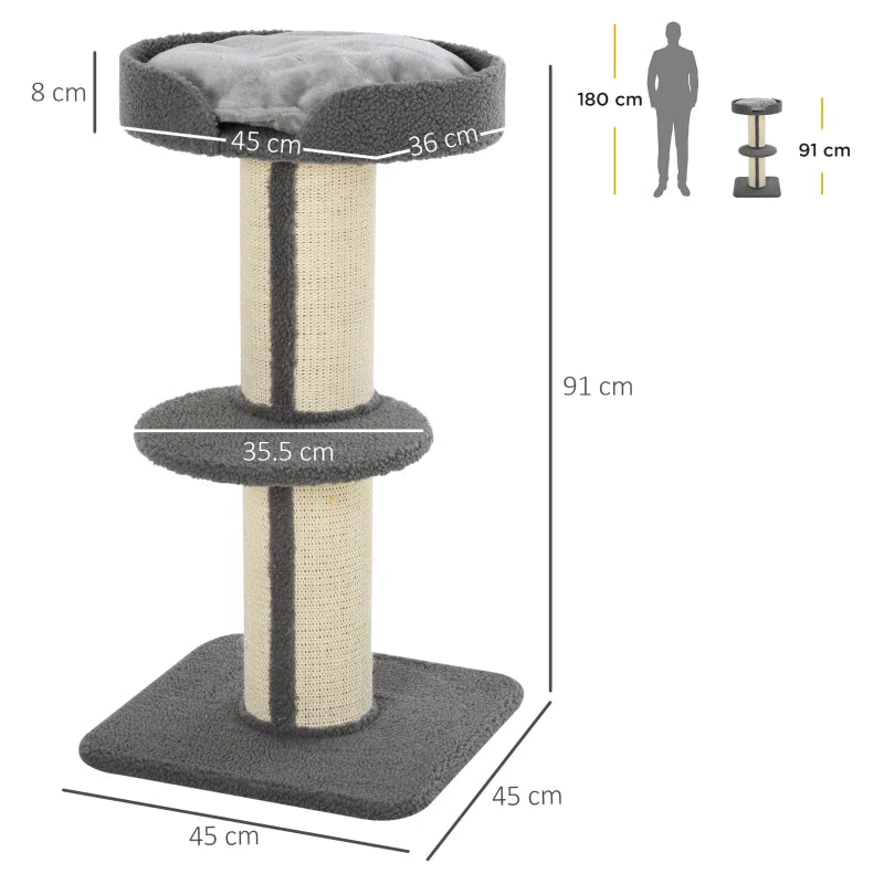 91cm Grey Cat Tree Tower with Scratching Post, Bed, Perch & Removable Cushion for Indoor Kittens