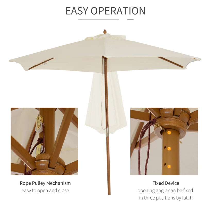 Wooden Garden Parasol Sun Shade - Cream White - 2.5m