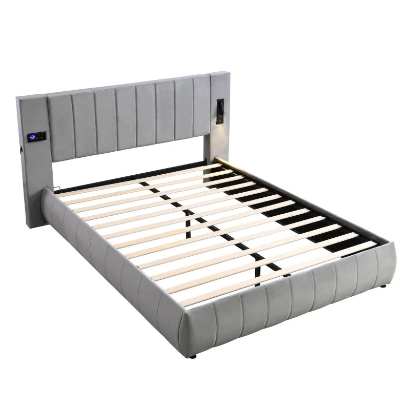 Stylish King Size Upholstered Bed with Stereo and USB Charging Ports Velvet Iron Frame Grey
